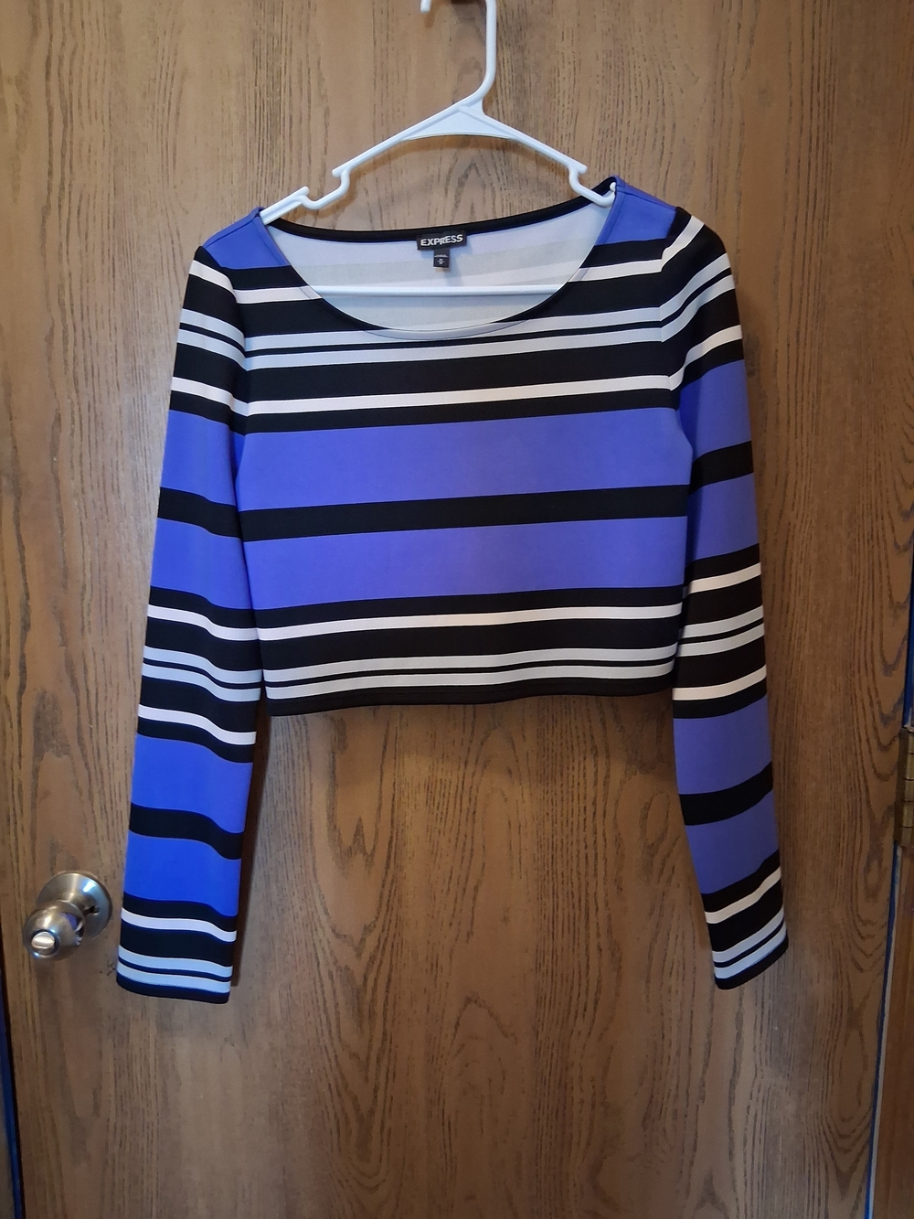 Express Striped Long-Sleeve Crop Top in Blue, Black & White